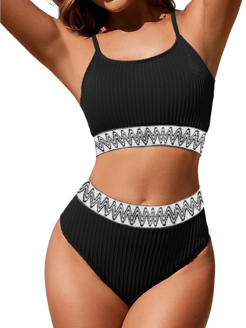 🚘 🆕 Ribbed Black High-Waist Zuvebamyo Two-Piece Bikini with Contrast Band size S